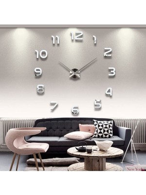 Duvar Saati Büyük 3D Türkçe Rakamlı Gümüş Bilazertasarım