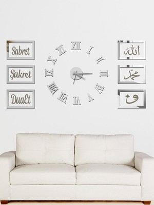 3D Roma Rakamlı Saat ve Sabret Şükret Dua Et Allah Muhammed Vav Uv Pano Set (Beyazaltın)