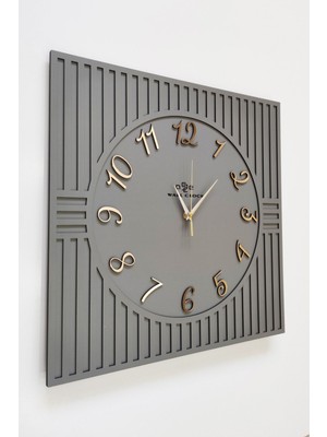 Kare Çizgi Desenli Türkçe Rakam Antrasit & Gold Dekoratif Siyah&gümüş 50X50CM Duvar Saati