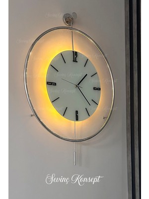 Led'li Kristal Cam Tt 50 x 75 cm Krom / Gümüş Renkli, Modern Dekoratif Sarkaçlı Metal Duvar Saati