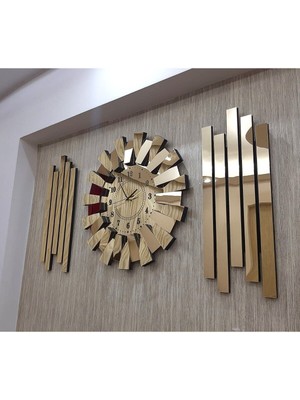 3 Boyutlu Aynalı Piyano Model Lambiri Yan Dekor Gold 3lü Duvar Saati Türk Rakam