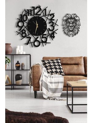 Modern Siyah Ahşap Dekoratif Aslan Figürlü Pilli Duvar Saati 50X50CM Yuvarlak Tasarım