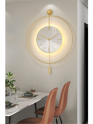 Gold Tiktok Kristal Cam Led'li Xl 60 x 80 Cm, Modern Dekoratif Sarkaçlı Metal Duvar Saati