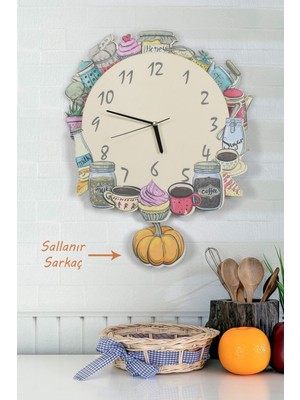 3 Boyutlu Mutfak Gereçleri Temalı Sarkaçlı Ahşap Mutfak Duvar Saati