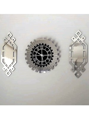 Gümüş Renk Plexiglass Ayna Piyano Model Duvar Saati, Tablo 3 Parça Set Özel Tasarım