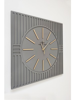 Kare Çizgi Desenli Dekoratif Antrasit&gold Duvar Saati 50X50CM