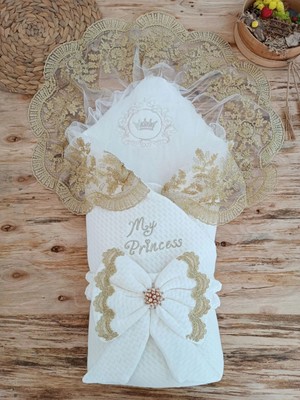 Marsilyan Yenidoğan Pamuk Taç Benim Prensesim Nakışlı Trilüks Kundak Bebek Battaniyesi