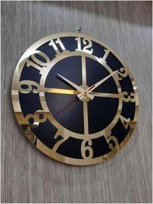 60X60 cm Duvar Saati Siyah Çift Kat Mdf Üzeri Altın Sarısı Aynalı Pleksi Rakamlı