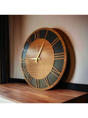 Ahşap Ceviz Mobilya Renk Roma Rakam Desenli Hediyelik Sessiz Duvar Saati 50CM