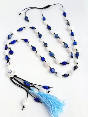 925 Gümüş Lapis Ay Taşı Doğal Taşlı Mala 54'lü Tasarım Uzun Kadın Çakra Kolye