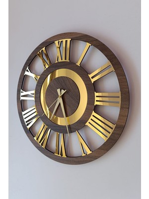 50 cm Lik Ahşap ve Gold Renginin Şıklığı, Romen Rakamlı Büyük Boy El Yapımı Hediyelik Duvar Saati