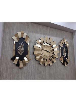3lü Duvar Saati Gold Aynalı 3 Boyutlu Piyano Model Palmiye Detay Latin Rakam