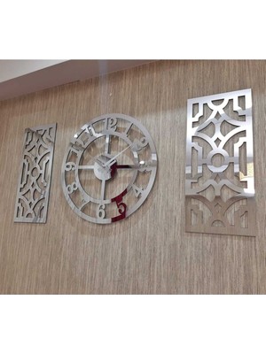 3lü Duvar Saati ve Dekor Türk Rakamlı Time Collection Aynalı Pleksi Saat 40X40CM Dekor 19X42CM Gümü