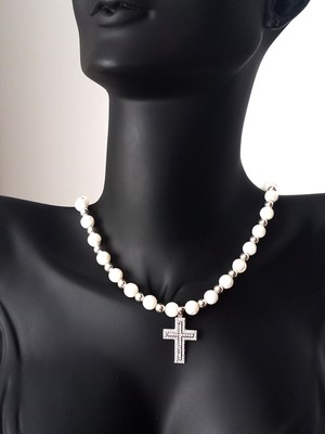 925 Ayar Gümüş Sedef Doğal Taşlı Sade Haç Tasarım Kadın Kolye Doğum Günü Hediye