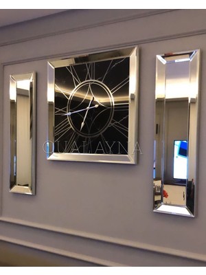 3’lü Gümüş Renk Mermer Saat Seti 70X 70 cm Saat 25X90 cm Yan Aynalar