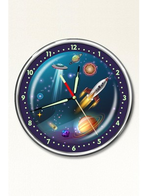 Premium Gece Parlayan Uzay ve Ufo Çocuk Odası Duvar Saati