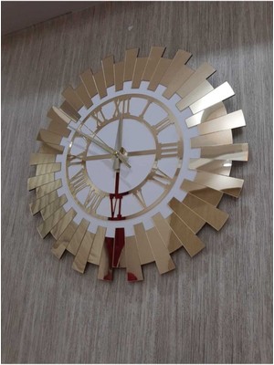 Beyaz Dekoratif Duvar Saati 50X50 cm Oval Mdf Üzeri Lüks Gold Aynalı Pleksi Modern Ev Ofis Saati