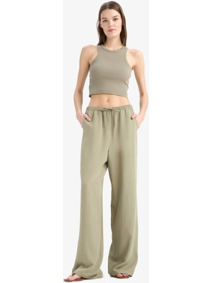 DeFacto Keten Karışımlı Palazzo Pantolon Wide Leg Geniş Bol Paça Üç Cepli Normal Bel Basic Düz Standart Boy C4545AX25SP
