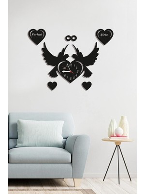 Kişiye Özel Kalpli Sevgi Kuşları - Çiftlere Özel Dekoratif Ahşap Duvar Saati 70X50CM