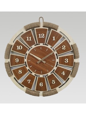 Lüks Dekoratif Ahşap Krem Duvar Saati Hasır - Jüt Ipli