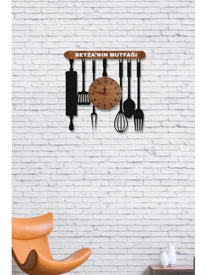 Isim Yazılabilir Dekoratif Mutfak Saat - Mutfak Saati - Kişiye Özel Ahşap Mutfak Saati