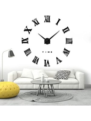 3D Siyah Roma Rakamlı Dekoratif Büyük Boy Duvar Saati Ahşap Duvar Saati