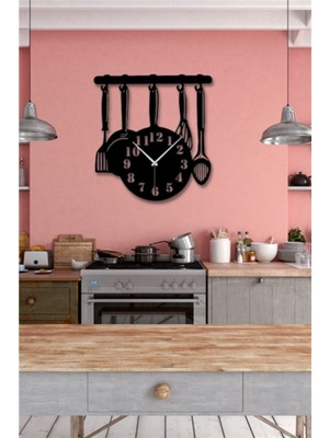Siyah Ahşap Mutfak Duvar Saati - Mutfak Konsepti Cafe Için 35X38 cm Duvar Dekoru