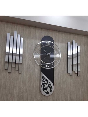 Gümüş Damla Model 3 Lü Duvar Saati Set Lambiri Yan Dekor Türk Rakam Aynalı Pleksi