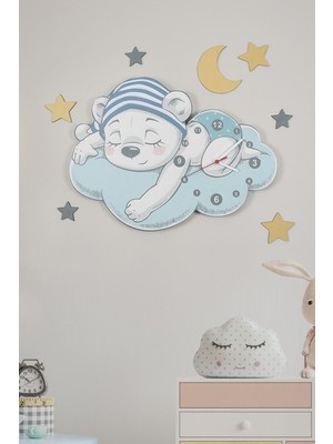 Sevimli Uyuyan Ayı Erkek Çocuk Odası Ahşap Duvar Saati