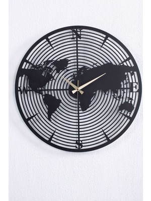 Dünya Haritalı Metal Siyah Duvar Saati 1,5 mm Kalınlık 50X50 cm