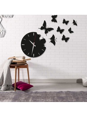 Ahşap Dekoratif Uçan Kelebekli Duvar Saati