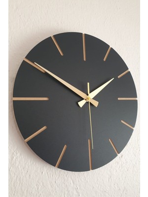 Kopya - Dekoratif Özel Tasarım Ahşap El Yapımı Duvar Saati 34 x 34 cm Minimalist Siyah - Gold