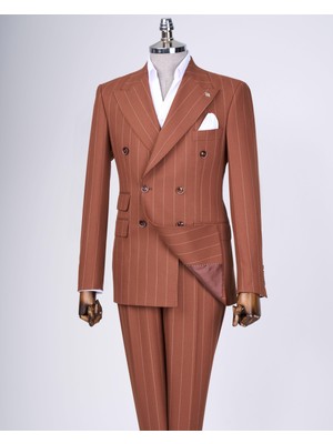 Italyan Stil Kruvaze Ceket Pantolon Takım Elbise Kahverengi T13304