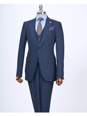 Italyan Stil Slim Fit 8 Drop Ceket Yelek Pantolon Takım Elbise Lacivert T12728