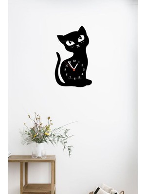 Kedi Figürlü Ahşap Duvar Saati ,  Kedi Motifli Saat 40X25CM