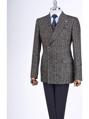 Italyan Stil Slim Fit 8 Drop Balıksırtı Desen Ceket Siyah T13440