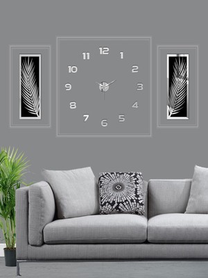 3 Parçalı Duvar Saati Seti, Akrilik Pleksi Aynalı Palmiye Yapraklar ve Duvar Saat