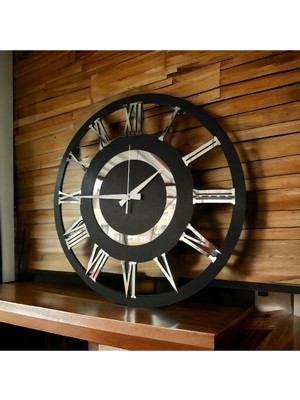 Siyah Renk Gümüş Sayılı Hediyelik Ahşap Dekoratif Farklı Desenli Ev Hediyelik Duvar Saati 50CM