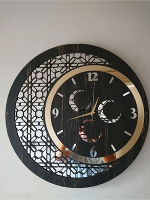 Duvar Saati 50 cm Ahşap ve Ayna Üç Hilal Motifli