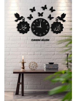 Soyut Dekoratif Kuş Kelebek Modelli Duvar Saati 80 x 80 Yuvarlak Ahşap Siyah