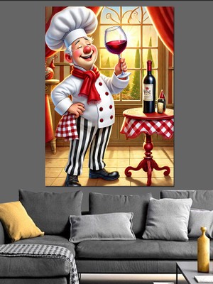 Şarap ve Balık Şef Dekoratif Kanvas - Mdf Ahşap Tablo