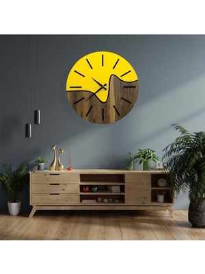 Dekoratif Iki Renkli Ahşap Duvar Saati Sarı