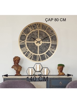 Mermer Desenli Büyük Boy Altın (Gold) Renkli Duvar Saati Çap 80 cm