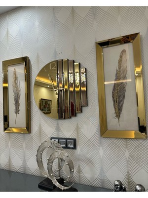 3’lü Gold Renk Ritmik Saat ve Tüy Tablo Seti