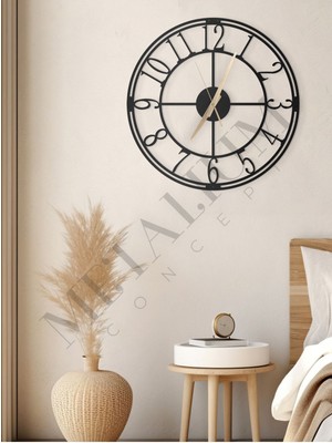 Dekoratif Türkçe Rakamlı Sessiz Siyah Metal Duvar Saati 45X45CM