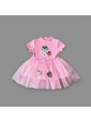 Petli Çilek Baskılı Çilek Kuşaklı Kız Bebek Elbisesi Pembe
