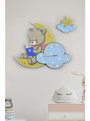 Sevimli Ay ve Ayıcık Çocuk Odası Ahşap Duvar Saati