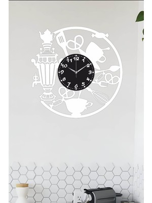 Cafe Duvar Saati Semaver Mutfak Saati- Ahşap Mutfak Duvar Saati 40CM