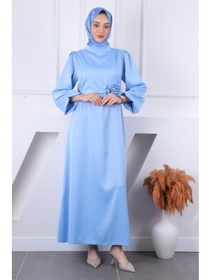 İmaj Butik Bebe Mavi Gül Kemer Detaylı Balon Kol Saten Abiye