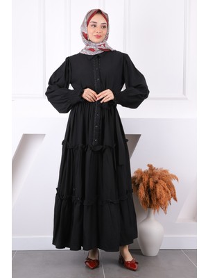 İmaj Butik Siyah Önü Nakışlı Bel Kuşaklı Elbise